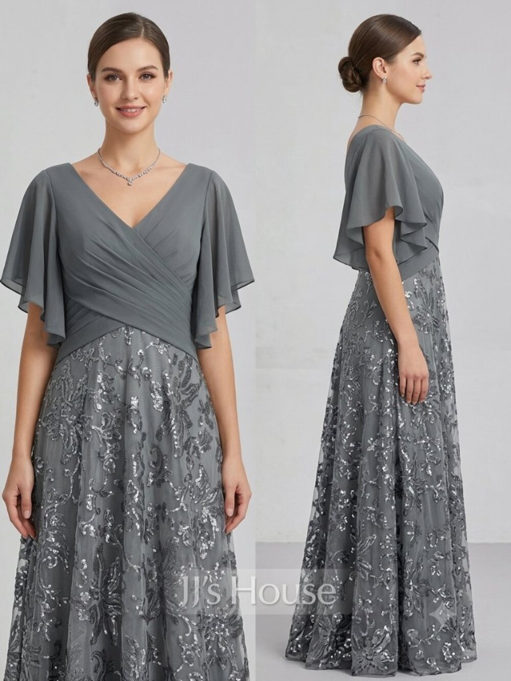 JJ’s House Gray Sequined Maxi Wedding Formal Gown – Flutter Sleeve Size 12 NEW